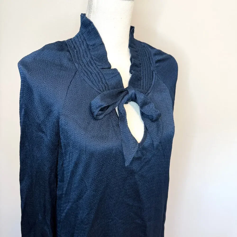 Sandro Paris Long Sleeve Tie Neck Flounce Hem Mini Dress In Navy Blue Size 36